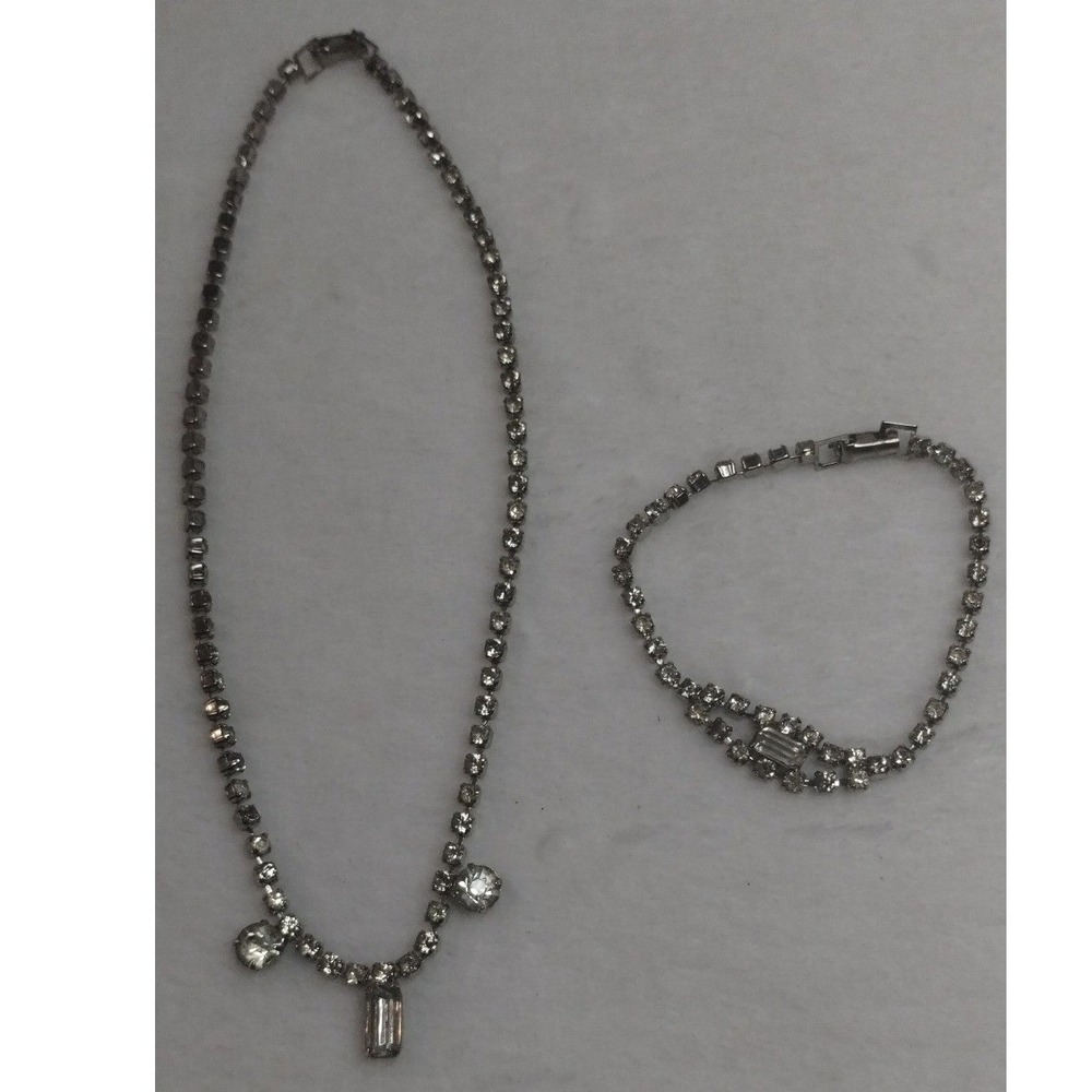 Vintage Silver Tone Rhinestone Necklace and Bracelet Set Baguette Round Stones